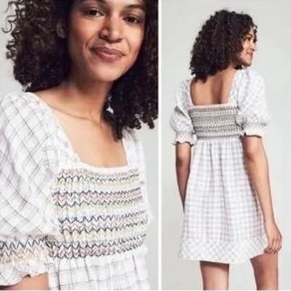 Faherty 100% Linen Lola Windowpane Smocked Puff Sleeve Mini Dress - Picture 4 of 9